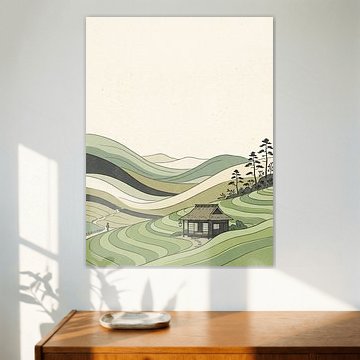 Peaceful Japanese Countryside Tea House Surrounded By Rolling Green Fields by my pixel art