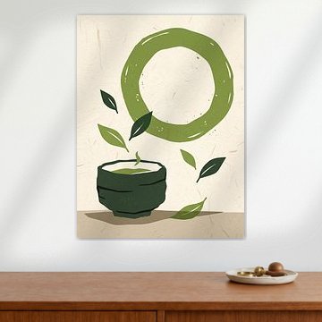 Abstract Matcha Ritual With Floating Leaves And Circular Green Harmony by my pixel art