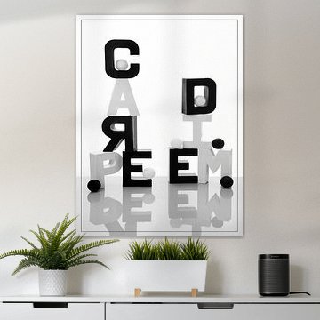 CARPE DIEM mit Buchstaben und weißen/schwarzen Kügelchen
