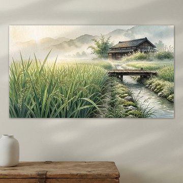 Morgennebel über japanischen Reisfeldern von my pixel art