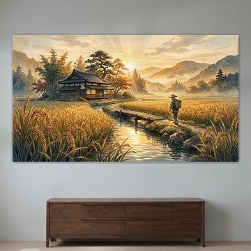 Japanische Goldernte im Licht des Sonnenaufgangs über den Bergen von my pixel art