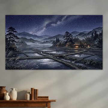 Mystische japanische Reisfelder unter dem Sternenhimmel eines Berges bei Nacht von my pixel art