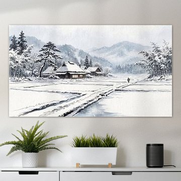 Ein verschneiter Winterabend im ländlichen Japan von my pixel art
