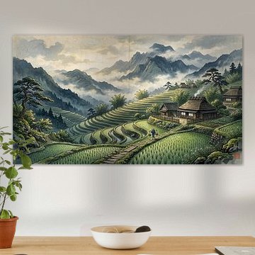 Serene Japanese Terraced Rice Fields Beneath Sacred Mountains by my pixel art