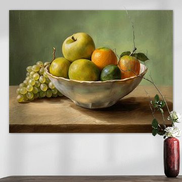 Klassiek Realistisch Stilleven: Fruitschaal met Appels en Druiven