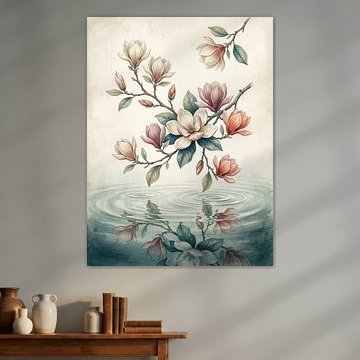 Zarte Magnolienblüten, die sich im Wasser spiegeln