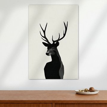 Deer with Antlers in a Minimalist Black-and-White Portrait