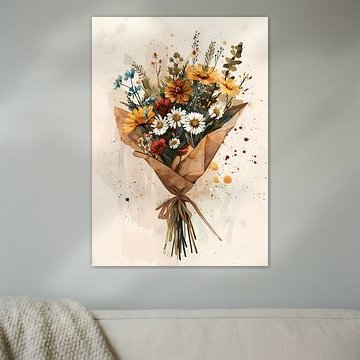 Rustiek boeket met wilde bloemen in warme aquarelkleuren van Dave Schloffi