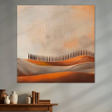 Diptych (2) Tuscan hill landscape with cypress trees in warm colours by Studio Pieternel