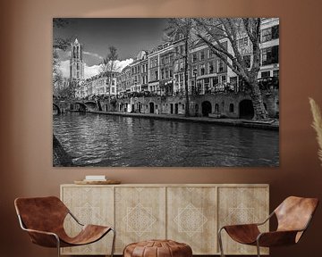 Utrecht Cathedral seen from the wharf on Oudegracht in black and white by André Blom Fotografie Utrecht