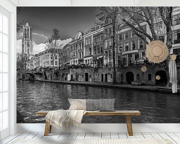 Utrecht Cathedral seen from the wharf on Oudegracht in black and white by André Blom Fotografie Utrecht
