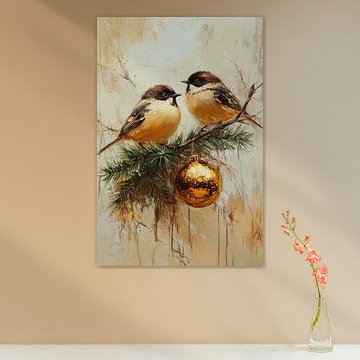 Zwei Vögel auf einem goldfarbenen Ast