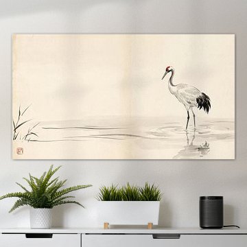 Een sierlijke kraanvogel staat in het stille water van my pixel art