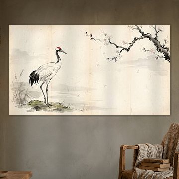 Crane Beneath Blossoms by my pixel art