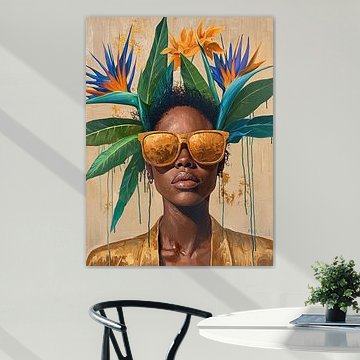 Golden Shades & Tropical Crown – Modernes abstraktes Frauenporträt mit Ölfarbe und Spachteltextur