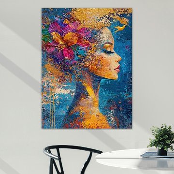 Indigo Vortex – Abstract Japandi Women’s Portrait with Splashes of Indigo and Gold Leaf
