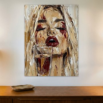 Golden Aperitif - Modern Decadent Vrouwen Portret met Olieverf en Champagne Glas van Egon Zitter