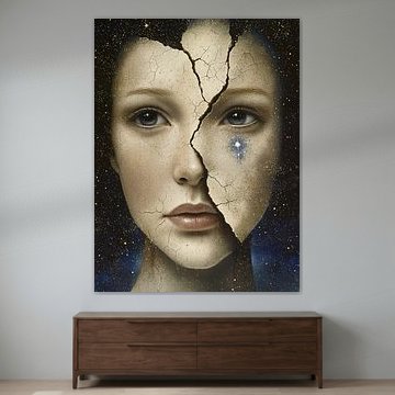 Porcelain Serenity – Surrealistisches Frauenporträt mit antikem Craquelé und rissiger Gipsstruktur