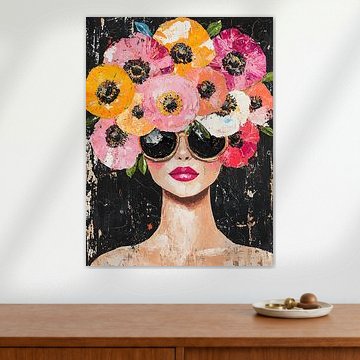 Velvet Ochre – Modernes Pop-Art-Porträt mit Sonnenbrille und einer Krone aus fuchsiafarbenen Anemonen