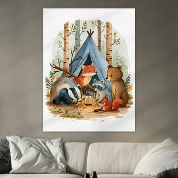 Forest animals camping together amongst the birch trees in the autumnal woodland by Floral Abstractions