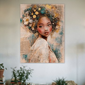 Modernes BoHO-Porträt einer Frau mit Blumen und Texturen