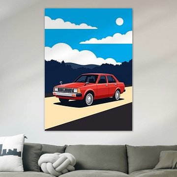 Rode vintage sedan geparkeerd langs de weg, zonnige, platte vectorillustratie