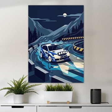 Blauwe rallyauto die ’s nachts over een bergweg drift, vlakke vectorillustratie van Adam Khabibi