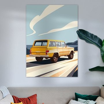 Vintage yellow Jeep Wagoneer rear view, coastal mountain road by Adam Khabibi