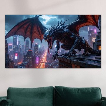 Dark Fantasy Wall Art: VIGILORN – Een waterspuwer op de daken van de grote stad