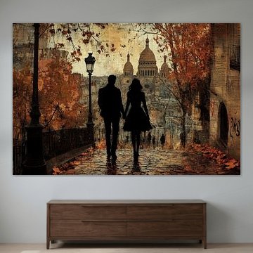 Herbstliebe in Paris – Verträumtes Gemälde von BowiScapes – Kunst und urbane Wandgestaltung
