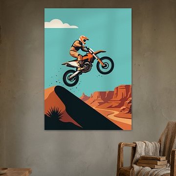 Motocross-Fahrer springt über eine Düne, im Hintergrund ein Wüstencanyon, flache Vektorgrafik von Adam Khabibi