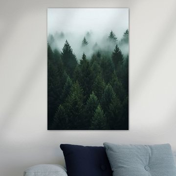 Nebel über dem dunklen Tannenwald – Moody Nature von Dave Schloffi
