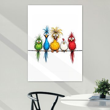 Des oiseaux farfelus et colorés perchés sur un poteau sur HyggeHavn