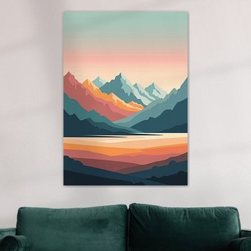 Vibrant layered mountain range with colorful sunset valley and reflective lake by Adam Khabibi