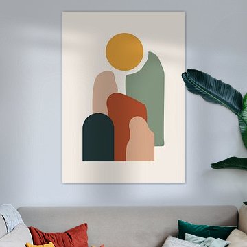 Een boho-cluster van gelaagde boogvormen onder het silhouet van een stralende zon