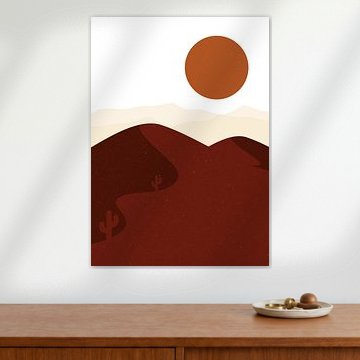 Paysage désertique minimaliste avec un soleil en terre cuite et des cactus sur Wisnu Xiao