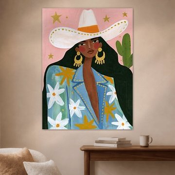 Farbenfrohe Cowgirl mit Blumen auf ihrer Jacke und einem Cowboyhut von Carla Van Iersel