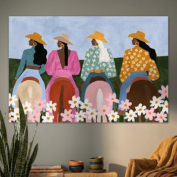 Cowgirls zu Pferd, modernes und farbenfrohes Porträt