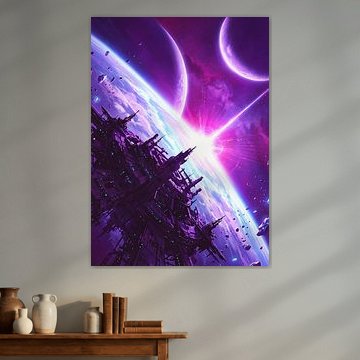 Futuristic space station orbiting glowing planet, twin moons, purple nebula