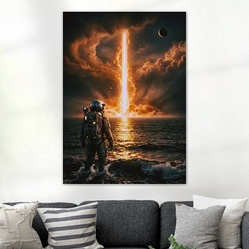 Een astronaut waadt door de donkere oceaan en ziet hoe een enorme, vurige lichtstraal door stormachtige oranje wolken schiet