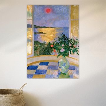 Evening in the South – A red sun over the sea, seen from the window