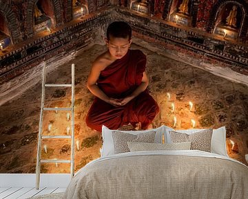 Praying monk at monastery in Nyaung Shwe near Inle in Myanmar by Wout Kok