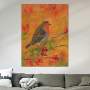 Robin and red rosehips