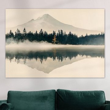 Silence au bord du lac de la Montagne | Paysage brumeux avec reflet et forêt de pins sur Danny van Eldik