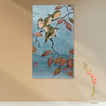 Estampe japonaise : 5 oiseaux sur une branche d'automne, broderie sur soie