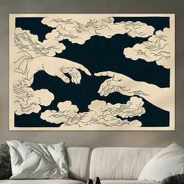 Himmlische Berührung - Linienzeichnung Hände und Wolken von Niklas Maximilian