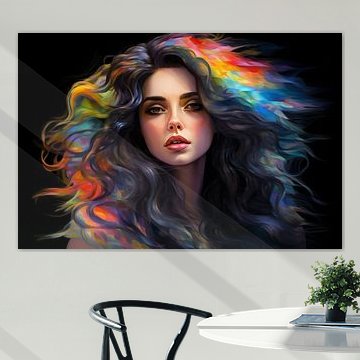 Jonge vrouw met lang regenbooghaar, kleurrijke portretkunst
