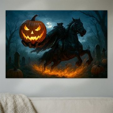 Halloween-Jack-O-'-Laterne in Flammen, die einen Kürbiskopf hält von Jelena Jovanovic Fine Art