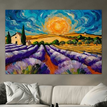 Champ de lavande ensoleillé en Provence, à la manière de Vincent van Gogh