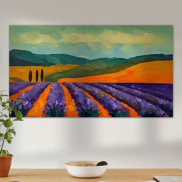 Paysage minimaliste et plein de charme, avec de la lavande et des cyprès sur Studio Pieternel